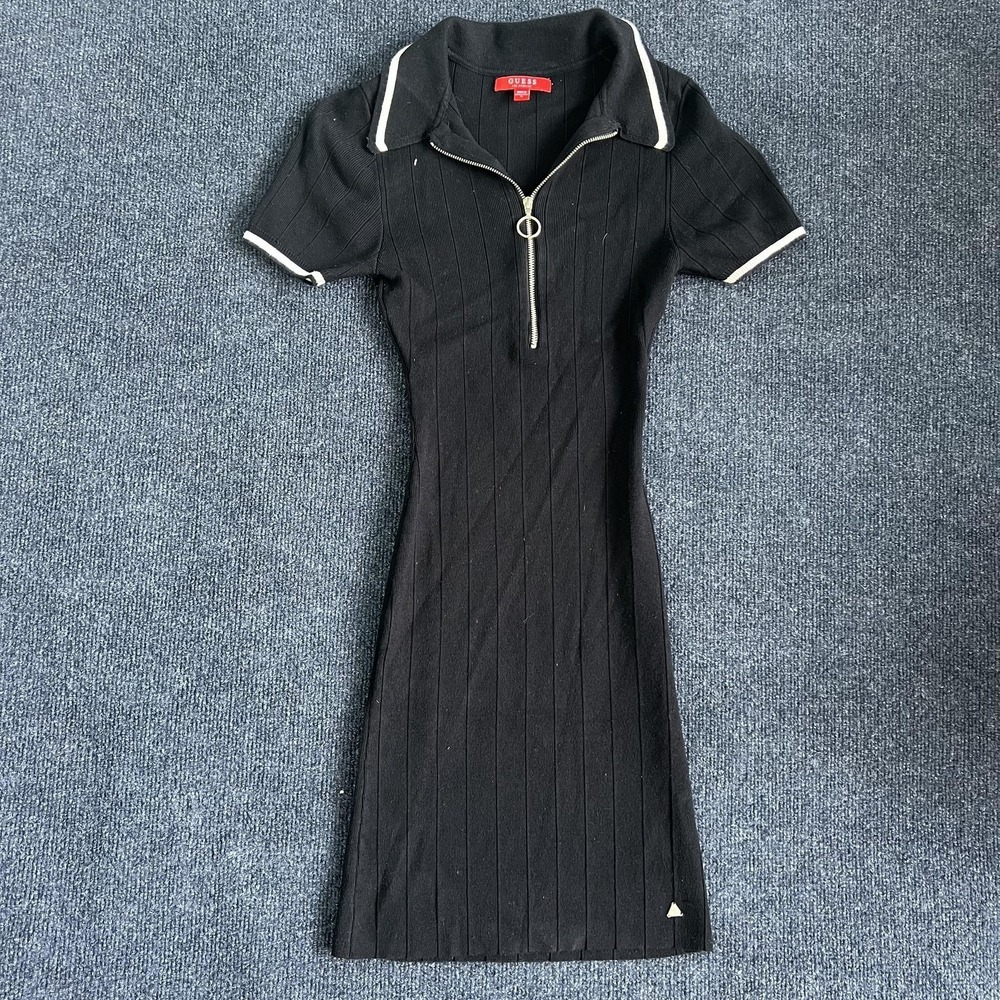 Guess Dress Womens Small Black‎ Knit Collared Short Sleeve Zip Bodycon Sweater